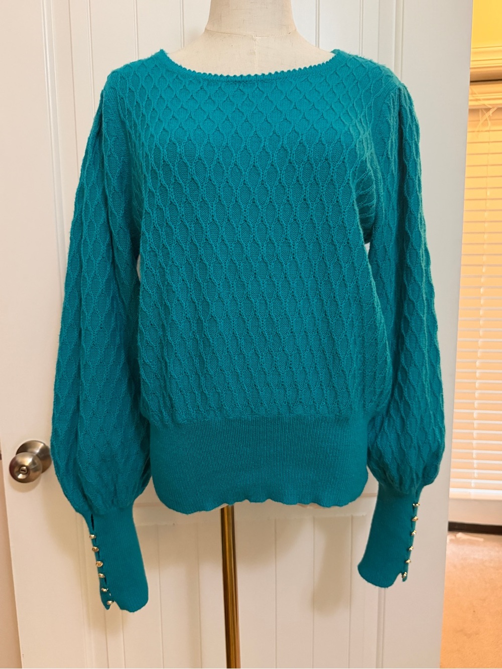 Lilly Pulitzer Teal Cable Knit Balloon Sleeve Sweater with Gold Buttons